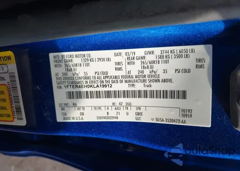 2019 Ford Ranger Lariat из США, поврежденный, VIN 1FTER4EH0KLA19912